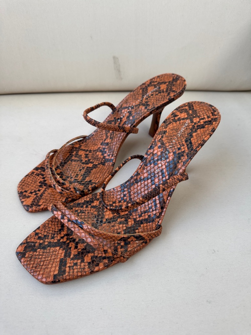 Zara Orange Brown Snake-Print Strappy Heeled Sandals - Women's